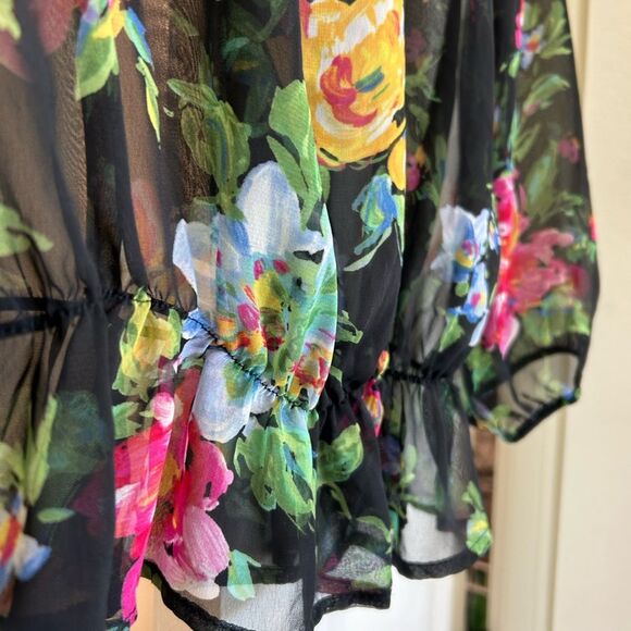 Lily Rose Pink and Yellow Sheer Floral and Black Blouse, Size S - Picture 6 of 11